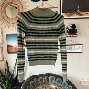Women's Green & Grey Stripped Mock Neck Sweater